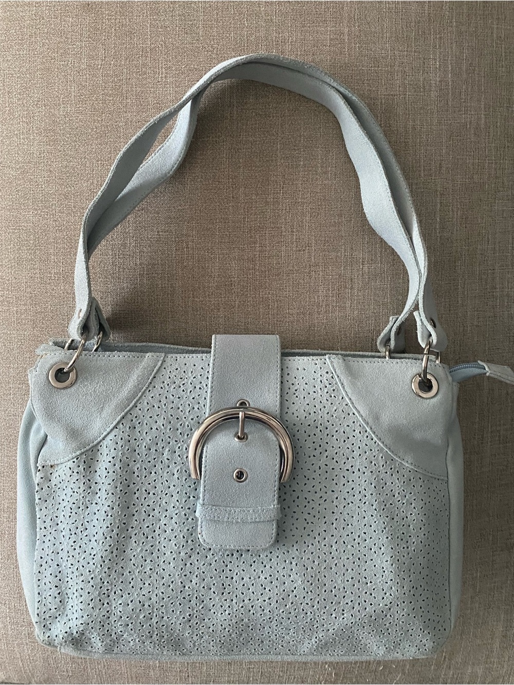 Pamela Mc Coy Suede Pale Blue Shoulder Satchel Bag Laser Cut Flowers Summer